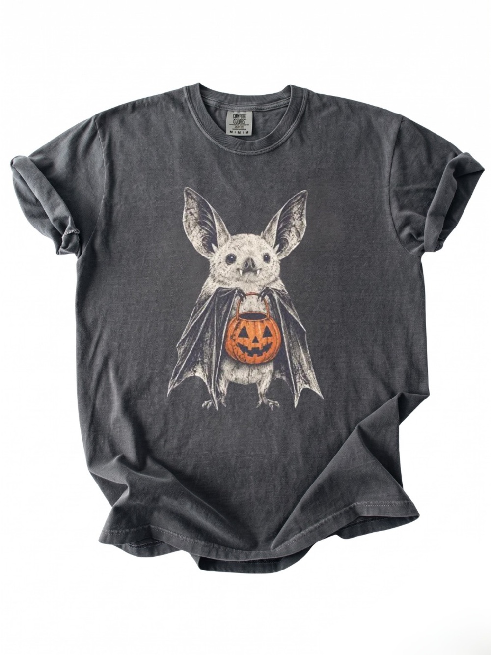 Comfort Colors Pepper Halloween Bat Tee with Orange Pumpkin